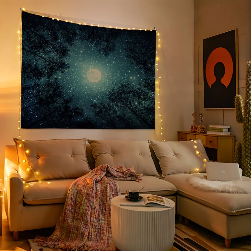 

A Celestial Tapestry of Serenity: A Full Moon Illuminates a Starry Night Sky, Surrounded by Silhouetted Trees, Perfect for Any