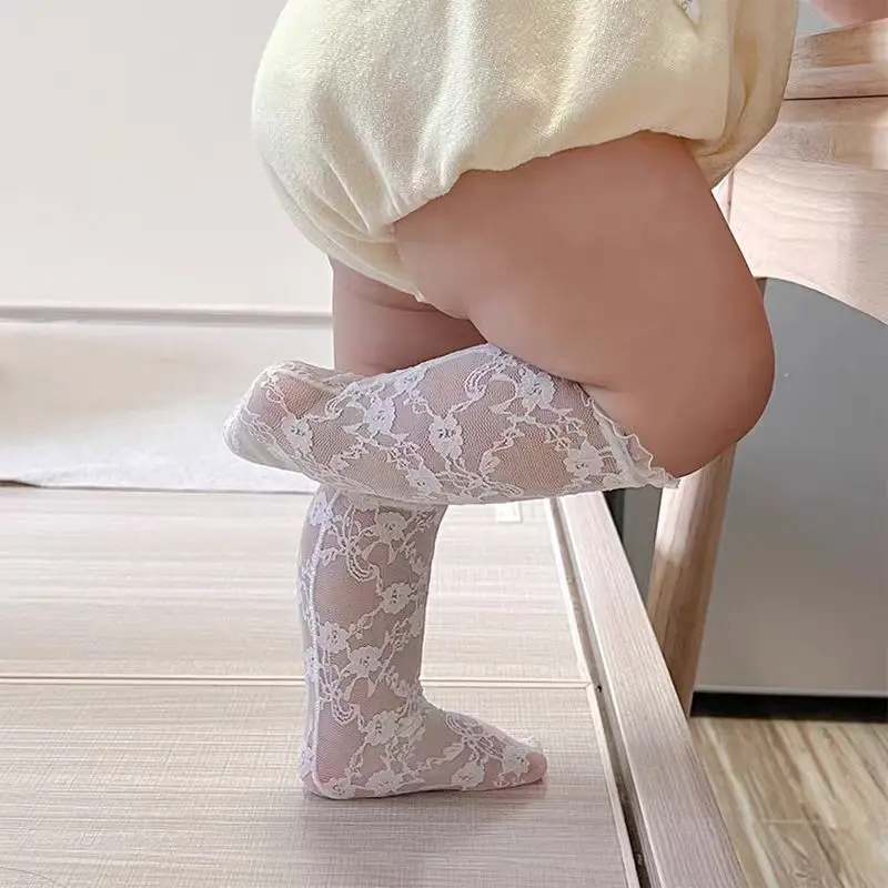 Baby Lace Mesh Pleated Socks White Princess Ultra-thin Calf Sock for Infant Kids Girls' Birthday Photography Knee High Hosiery