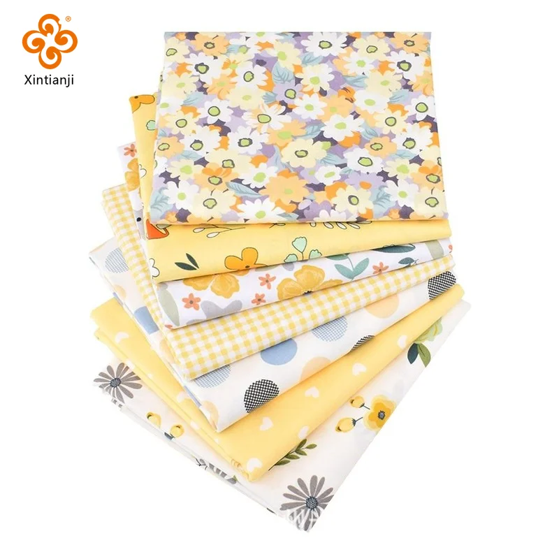 Cotton Yellow Patchwork Fabric Flower Print Twill Material DIY Quilt Children\'s Doll Dress Needlework Supplies 25x25cm 7PCS/Set