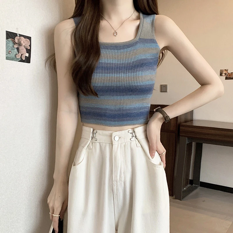 MEROKEETY Women's Sleeveless Ribbed Tank Tops Striped Knit Square Neck Shirts Summer Casual Basic Tanks