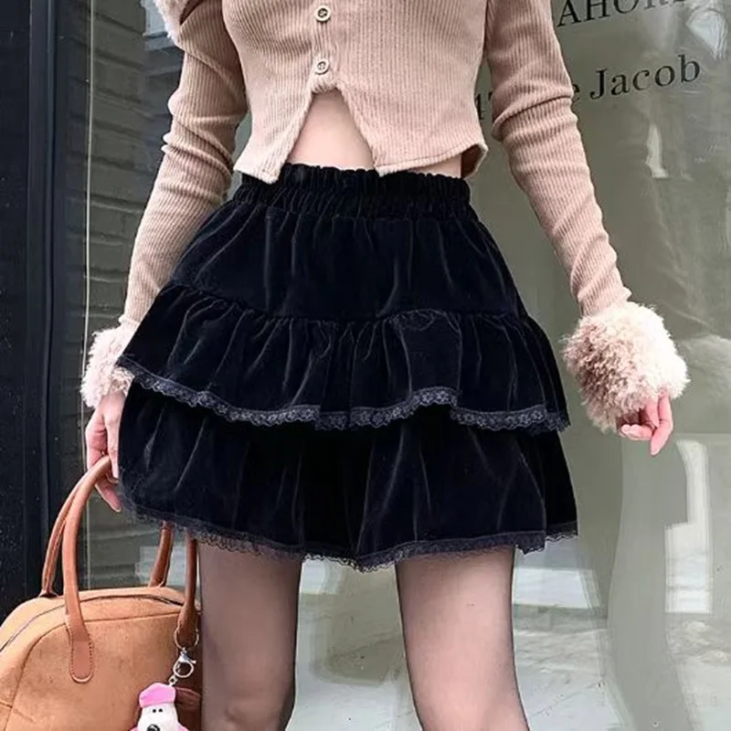 

New High Waist Short Skirt Velvet Autumn Winter Ruffle A-Line Puffy Half-length Women's Fashionable Slimming Pleated Skirt