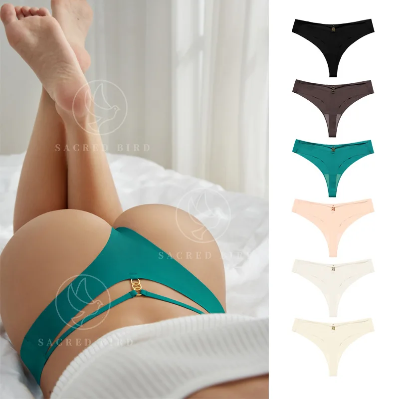 

Sexy T-pants Seamless Ice Silk Lingerie Sports Yoga Briefs Metal Ring Women's Underwear G-String T-back Ladies Panties Intimates