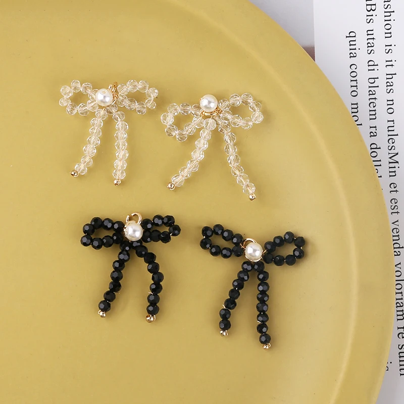 1pcs Crystal Beads Copper Wire Winding Line Pearl Bow Pendant Diy Handmade Ear Jewelry Necklace Accessories Keychain Charms