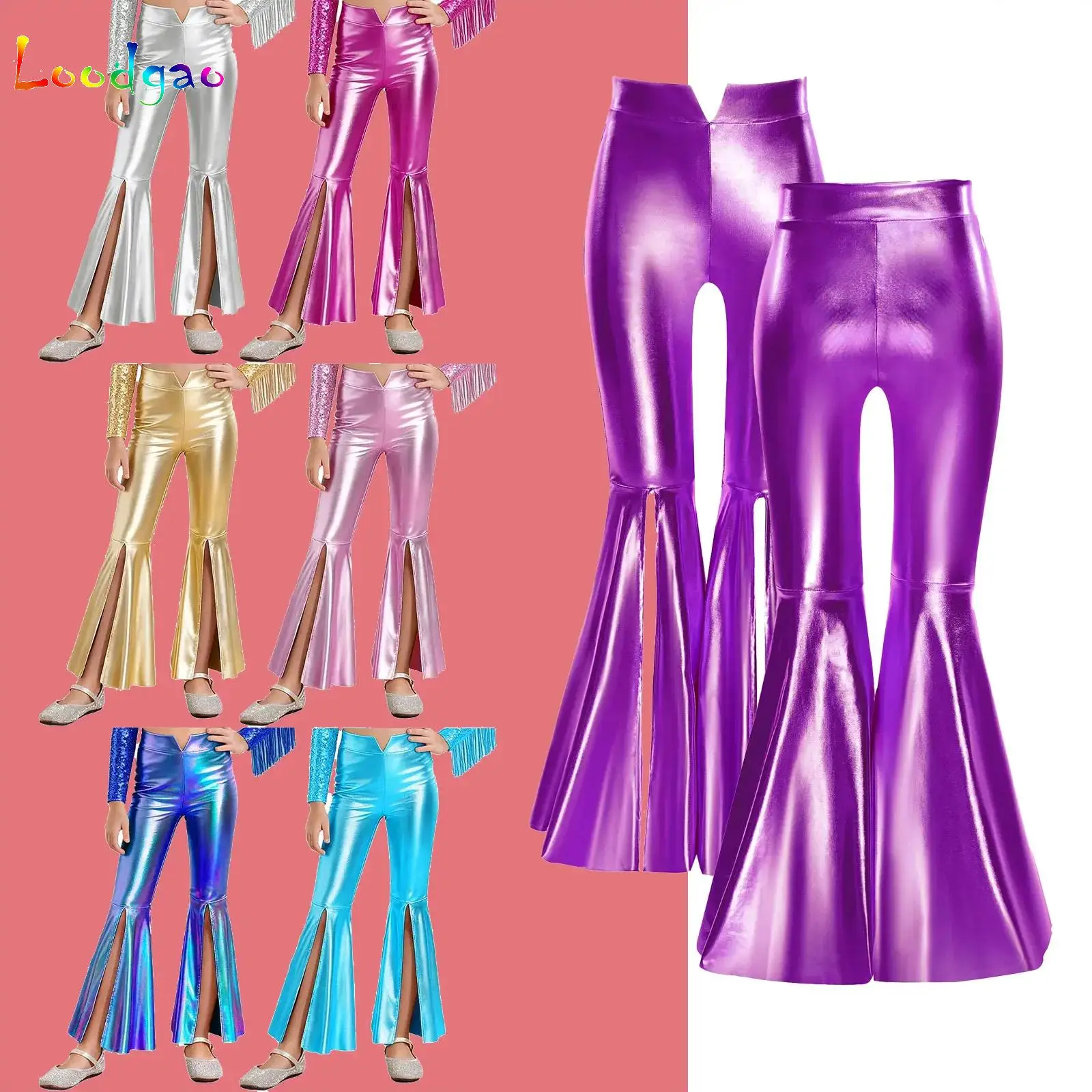 

Kids Girls Metallic Split Flare Metallic Pants Leggings Shiny Ruffle Pageant Bell-bottom Trousers for Daily Dance Performance