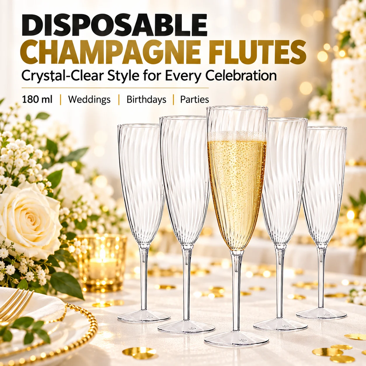 180ml Disposable Transparent Champagne Glass | Crystal Vertical-Striped Plastic Sparkling Wine Glass, Suitable for Weddings, Birthday Parties, Christmas and New Year Gatherings, Banquets, Outdoor Picnics, and Family Dinners