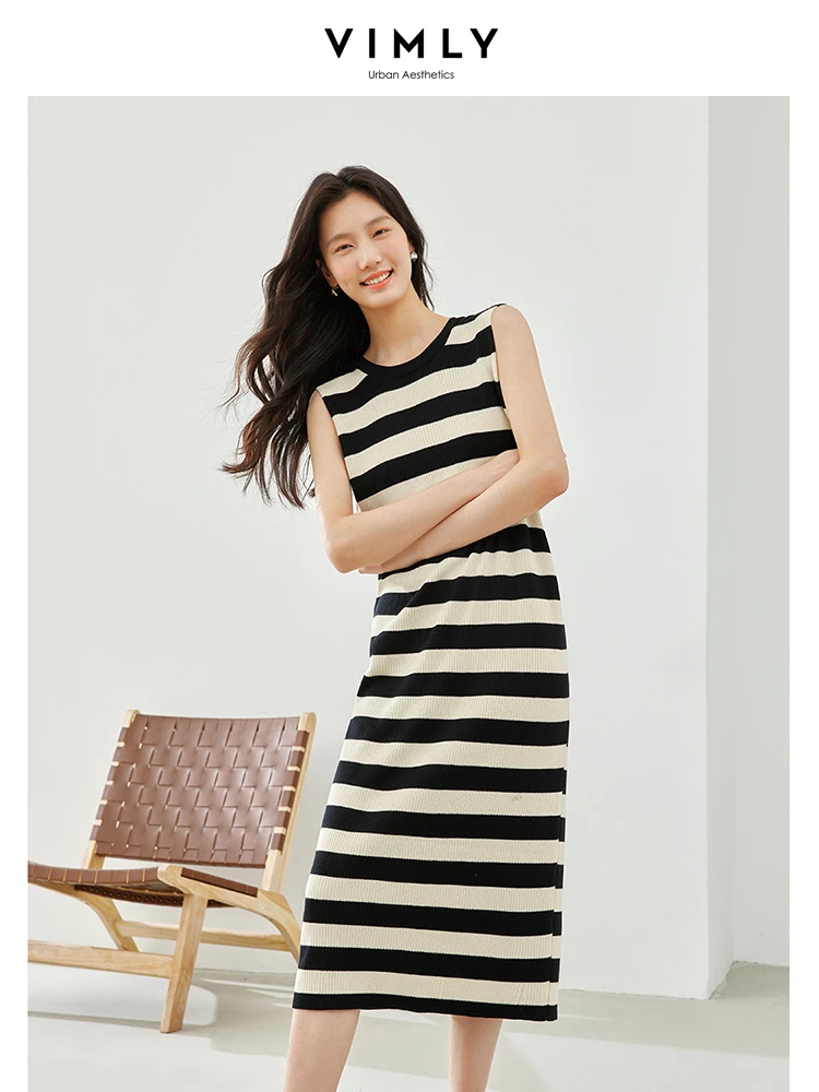 Vimly Striped Casual Straight O-neck Knitted Tank Dress 2024 Spring High Strecth Sleeveless Midi Dresses Female Clothing 72728