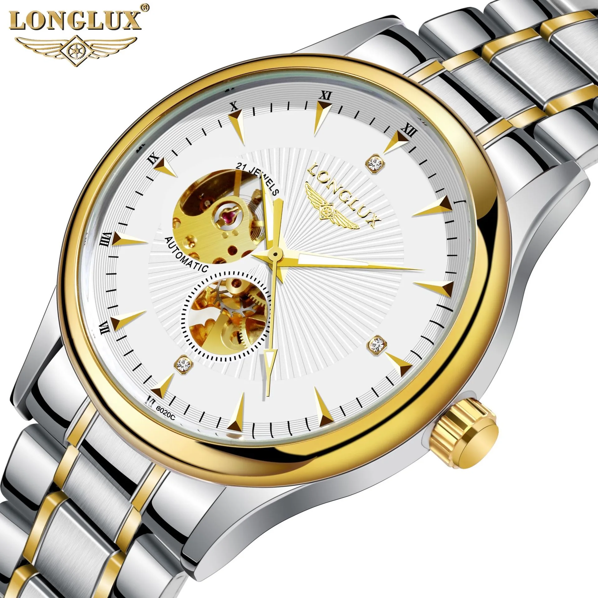 LONGLUX automatic watch elegant mechanical wristwatches luxury stainless steel waterproof skeleton mens watch men gift
