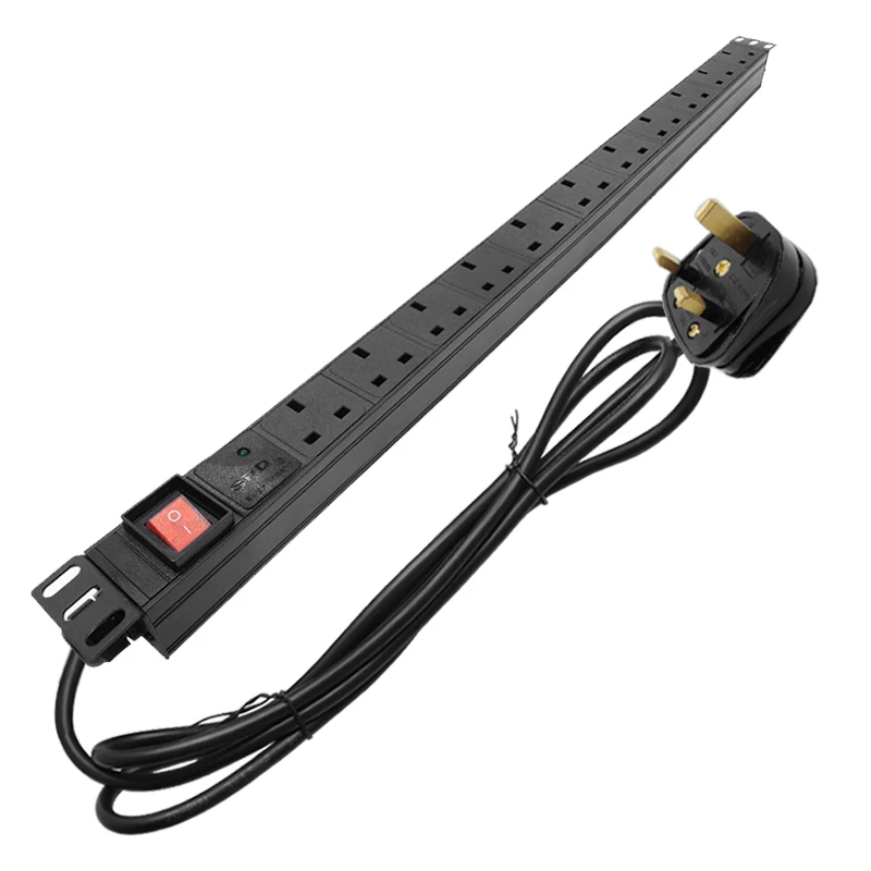 

13A UK Plug 11AC Socket Network Rack PDU Power Strip Surge Protection ON/OFF 2Meters Cable