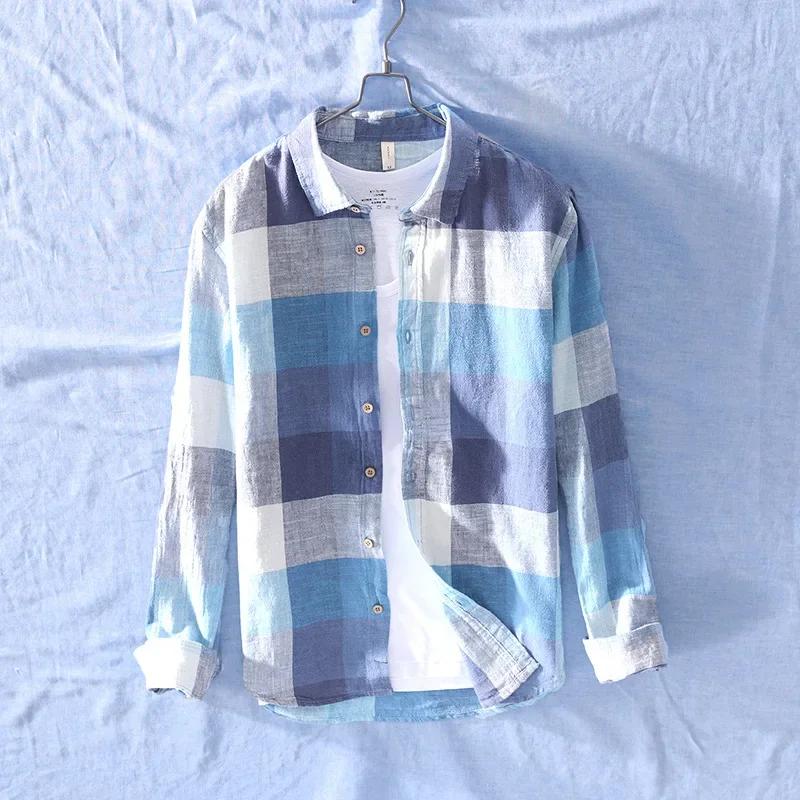 Cotton Linen Casual Plaid Shirts for Men Long Sleeve Tops Male Loose Turn-down Collar Fashion Clothing Trends