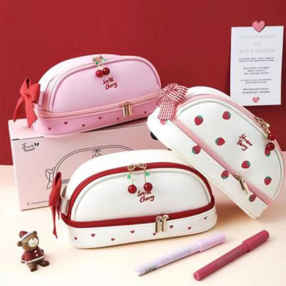 Urso portátil caso de lápis morango sorriso cereja bonito saco de lápis couro do plutônio papelaria dupla camada caneta bolsa escola