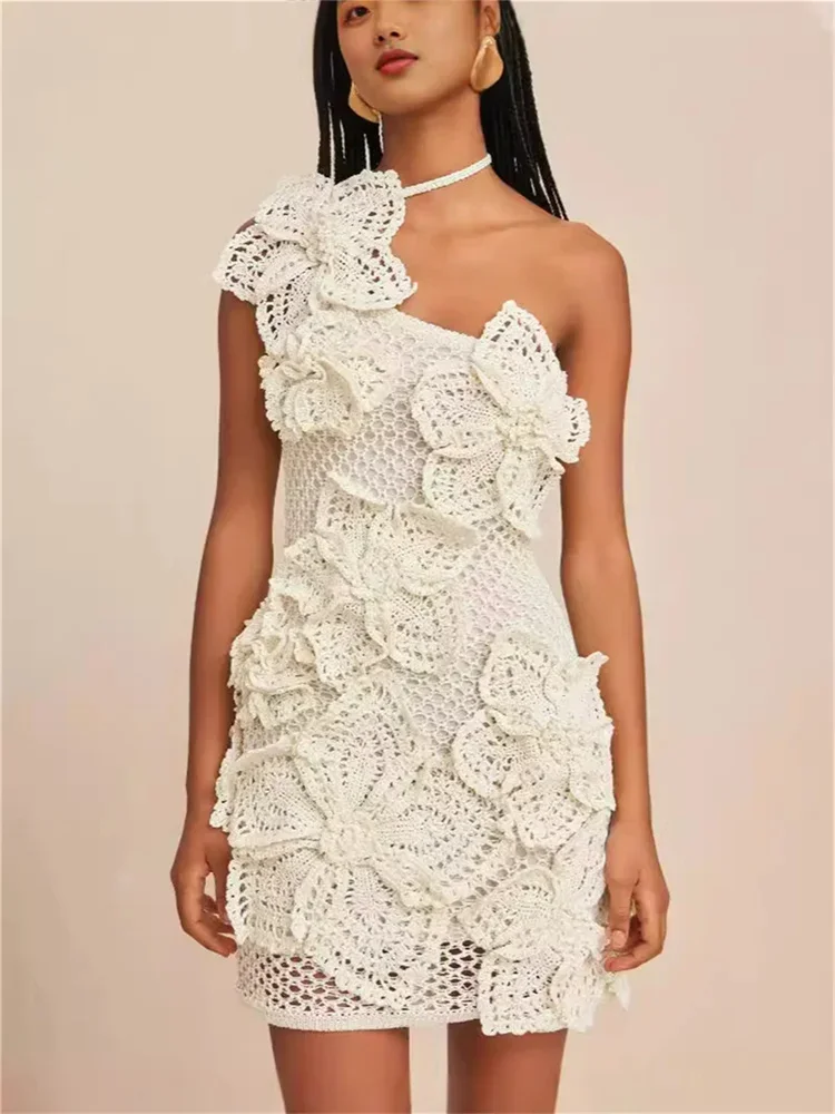 XIZOU Elegant Crochet Dress Women Summer Halterneck Diagonal Collar Backless Lace-Up Flower Embroidery Sexy Trend Bodycon