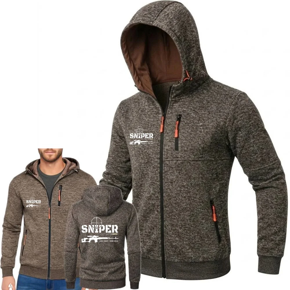 Men's Windproof Fleece Hooded Zipper Jacket Special Army Sniper One Shot One Sweatshirt Hiking Tracksuit Outwear for Outdoor