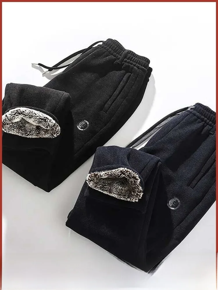

Men's Outdoor Fce Lined Casual Pants Elastic Waist Texture Fabric Winter New Sle Simple Design Warm Straight Leg Trousers