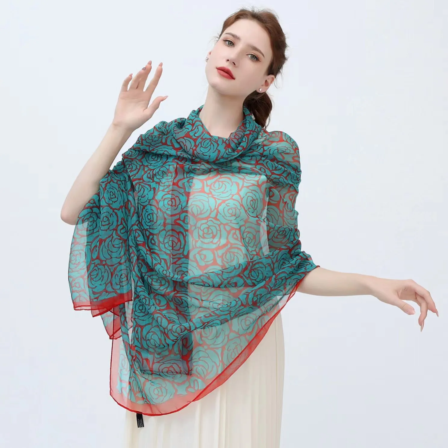 Spring and summer hot sale of thin silk scarves oversize baotong sun protection shawls printed long silk scarves