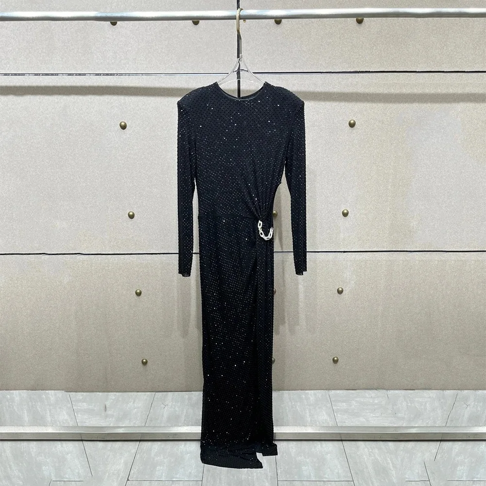 

Women's Diamond-Inspired Long Dress with Chain Detail Round Neck, Long Sleeves High-Quality Dress Y2K Style Winter 2025 New
