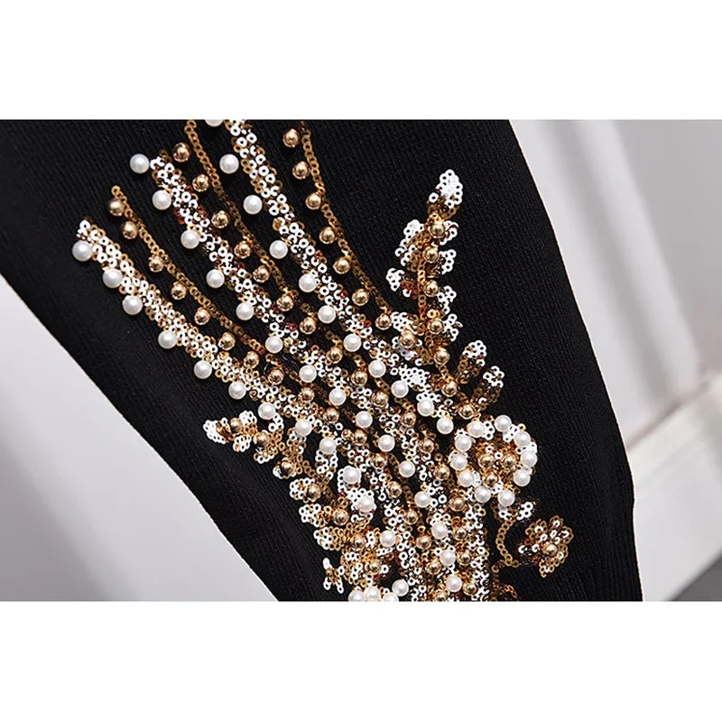 Spring Fashion Beading Embroidery Knitted Tracksuit Set Women Loose Black Gray Knit Pullover Sweater Pencil Pants Outfits Female