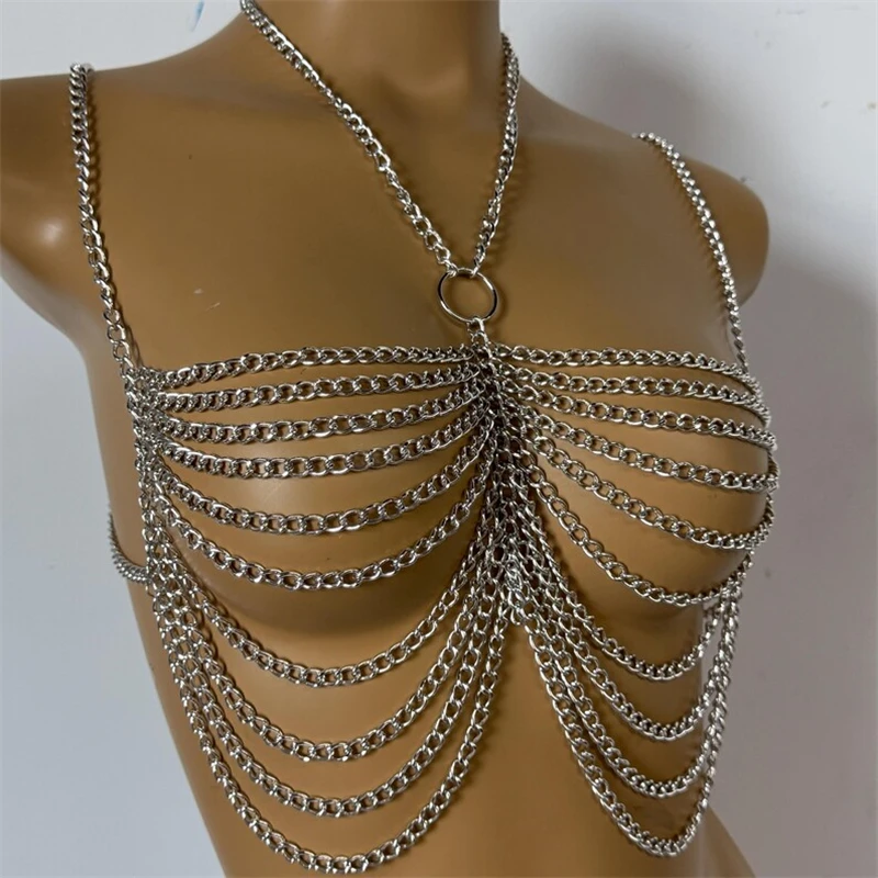 Metall-Körperketten-Crop-Tops Harness für Frauen, mehrschichtige Brust- und Taillenkette, Halskette für Nachtclub-Party, Bikini-Körperketten, verstellbare Überzüge. – Detail 2