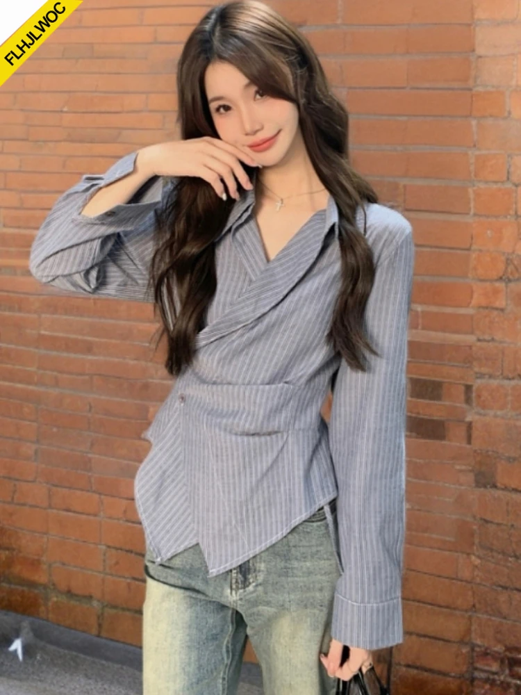 

Peplum Tops Blouses Chic Korea Style New 2025 Long Sleeve Girls Preppy Style Slim Waist Design White Button Blue Striped Shirts