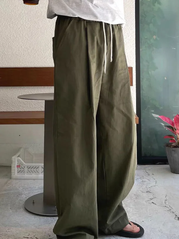 

Мужские повседневные брюки из льна в стиле милитари, свободные прямые брюки с завязками, однотонные, из хлопка и льна, дышащие, рабочие.