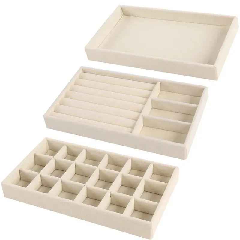 Velvet Jewelry Display Exquisite Jewellery Holder Portable Ring Earrings Necklace Organizer Storage Box Organizator Trays Beige