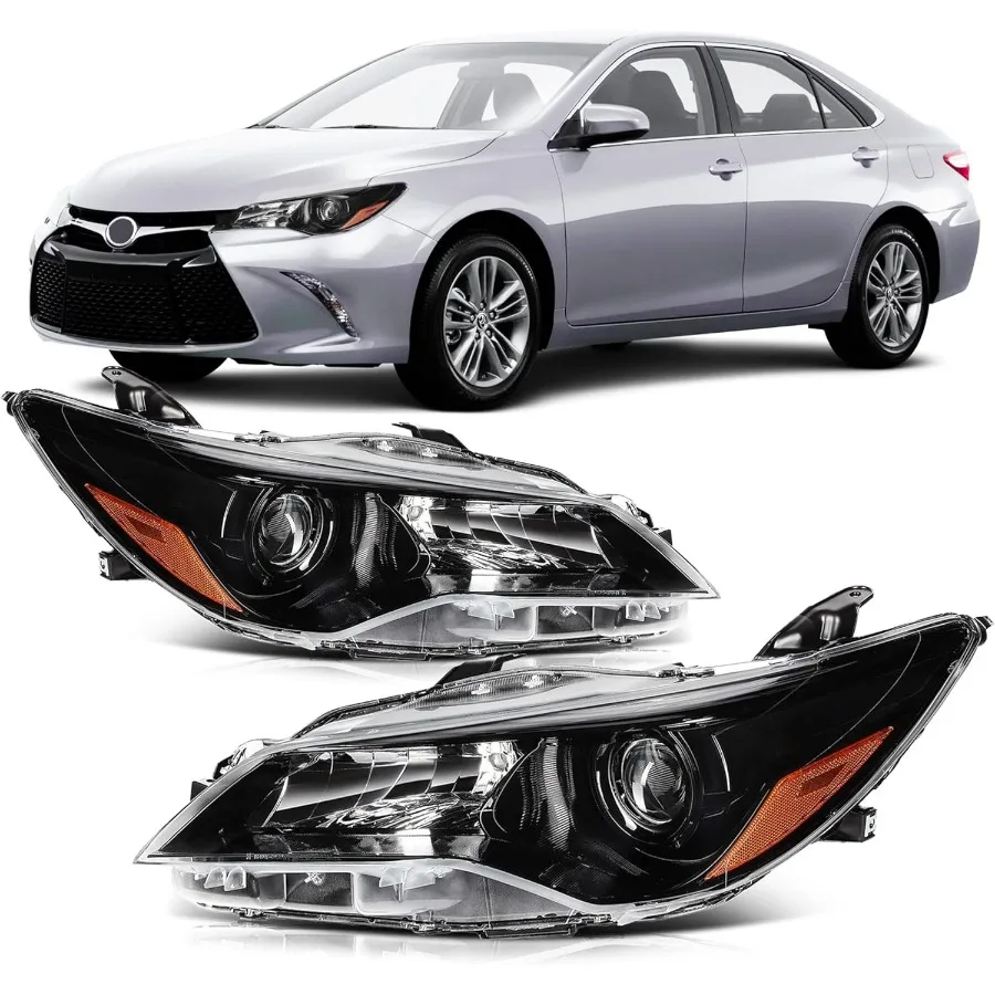 

Headlight Assembly Compatible with 2015 2016 2017 Camry LE SE Halogen Headlamp Replacement Black Housing Amber Reflector for D