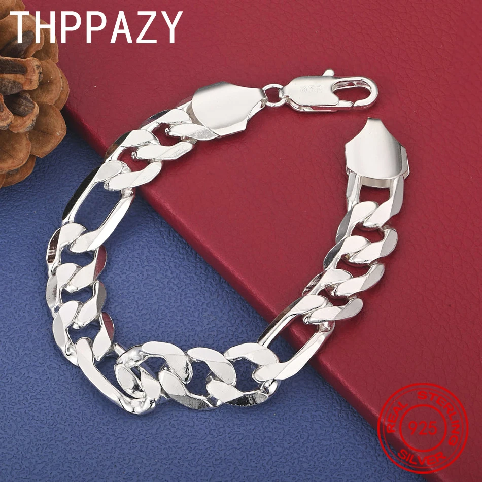 

THPPAZY 12mm 925 Sterling Silver Cuban Chain Bracelet For Men Fashion Simple Jewelry Chain Anniversary Party Gift Everyday Wear