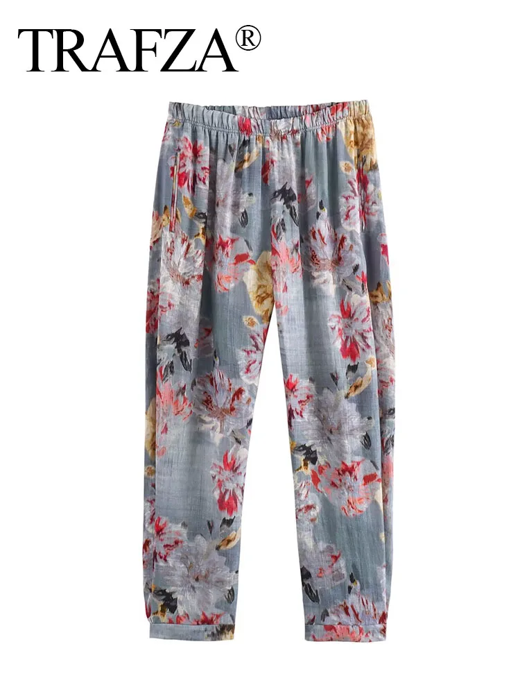 

TRAFZA Summer For Female Side Pockets Floral Pleated Decoration Chic Elastic Waist Printed Pant Woman Loose Slim Trouser Mujer