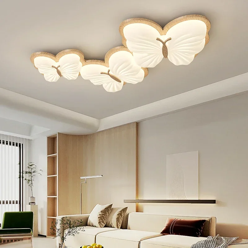 TechHPLiving Room Children's Room Butterfly Led Chandelier Wood Ceiling Lamp Minimalist Warm Nursery