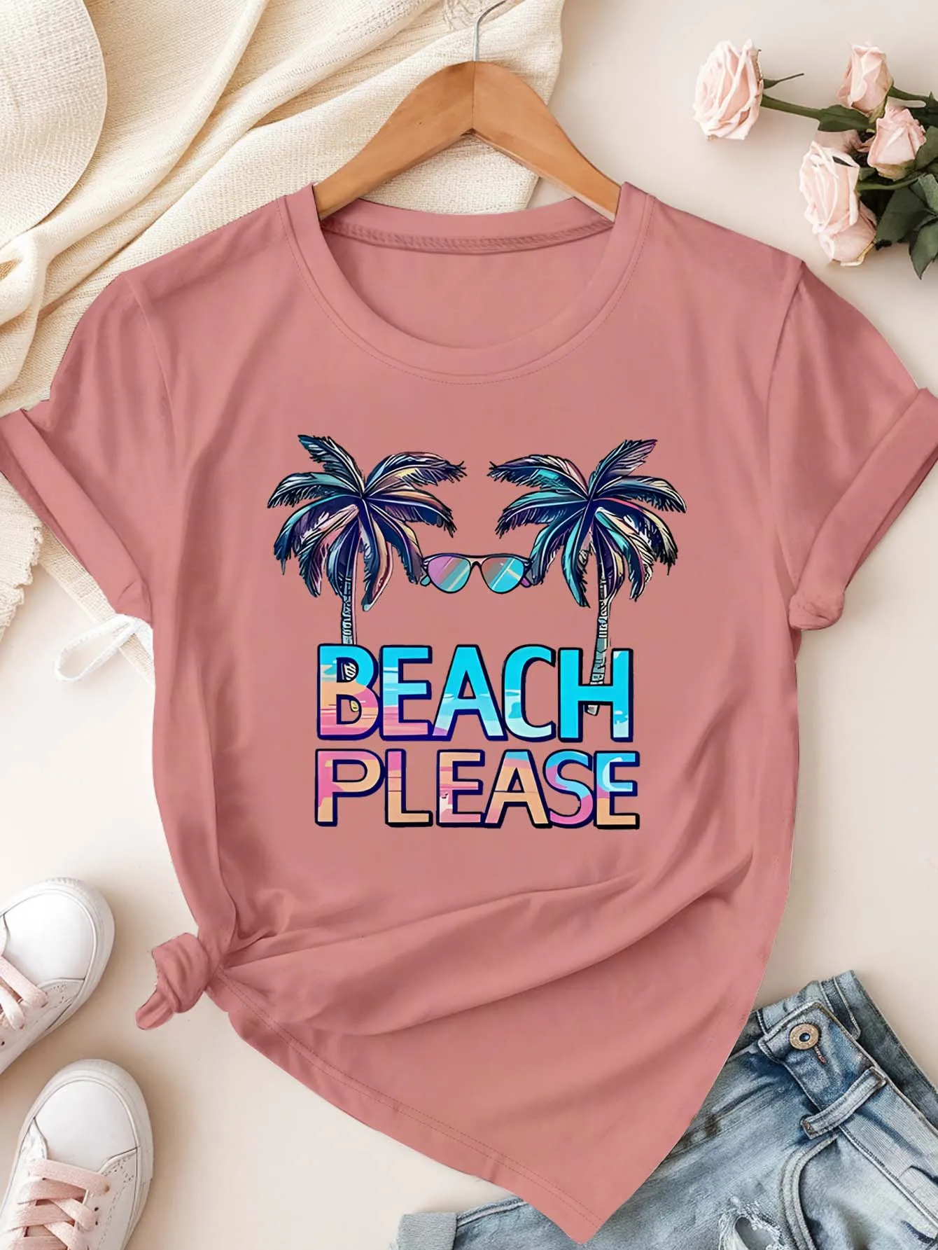 Plus Size Beach Please Palm Tree Grafik-T-Shirt für stilvolle Beachy Vibes
