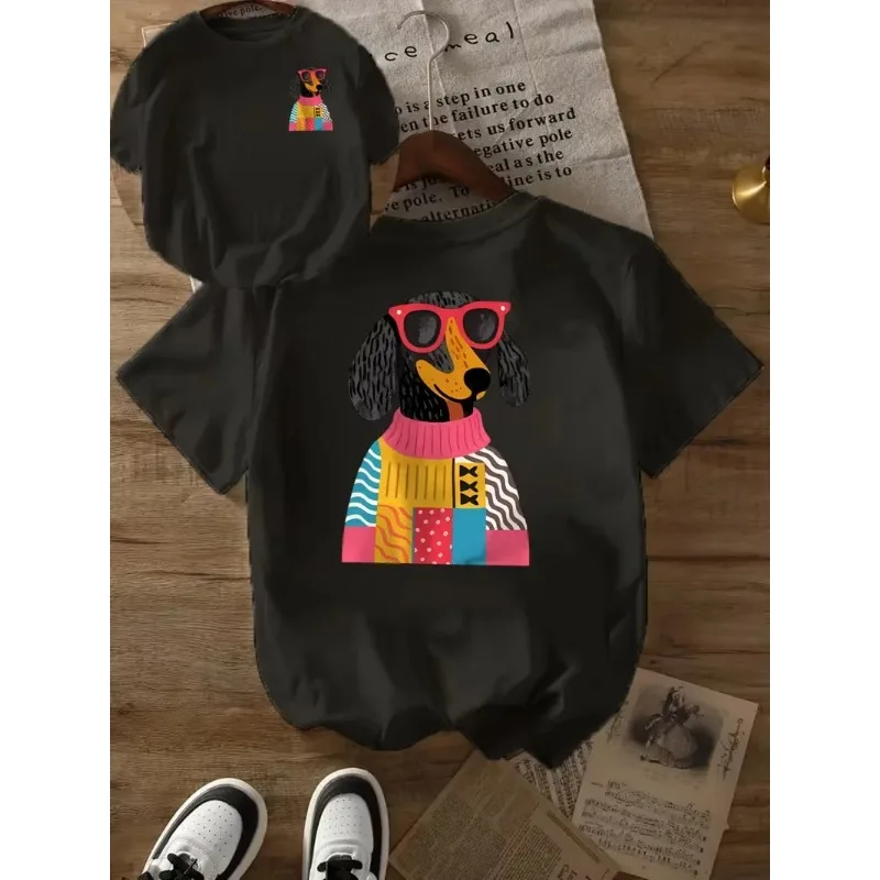 Casual Top T-shirt with Dachshund Sweater and Glasses Double-sided Design for Summer Daily Wear Unisex Round Neck Women's Top