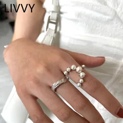 LIVVY Silver Color New Fashion Design Double Hollowed-Out Pearl Adjustable Ring Women Fashion Simple Light Luxury Party Jewelry