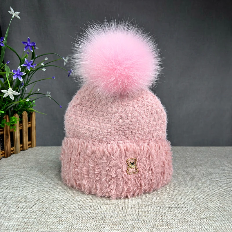 Imitation mink fur hat for women versatile and cute in winter real fox fur ball yarn hat warm hat thick ear protection knitted