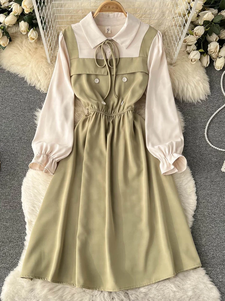 YuooMuoo Women Dress 2023 Spring Autumn Casual All Match Fake Two Piece Set Long Sleeve Shirt Dress Vintage Korean Vestidos