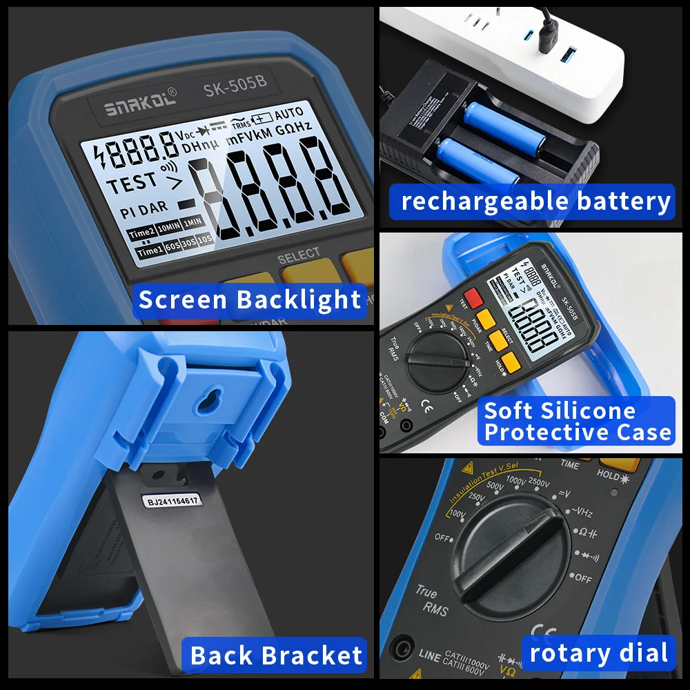 SK-505B مقياس Megohmmeter الرقمي المتعدد 2 في 1 2500 فولت جهاز اختبار مقاومة العزل مع شاشة عرض خلفية PI/DAR قابلة لإعادة الشحن #4