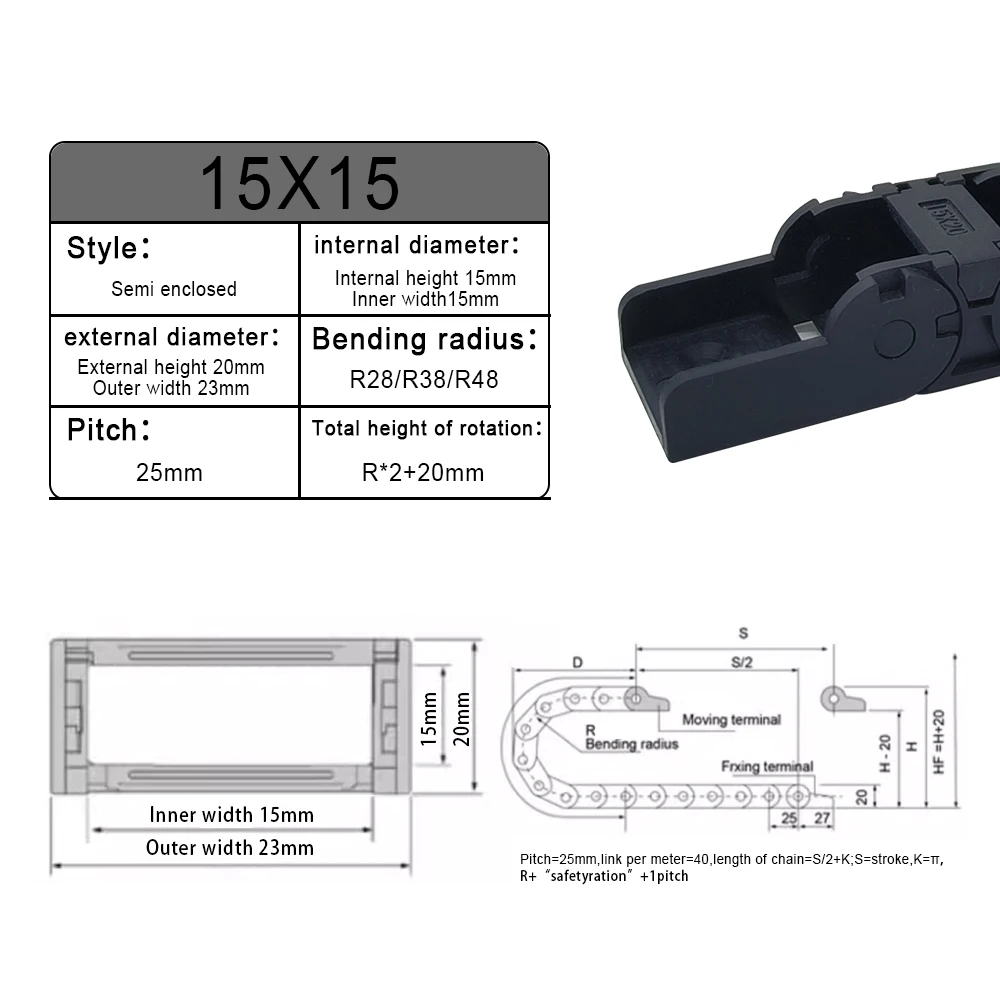 R28 Cable Chains 15x15 15x20 15x30 15x40 mm Bridge Type Non-Opening Semi-enclosed Plastic Towline Transmission Drag Chain