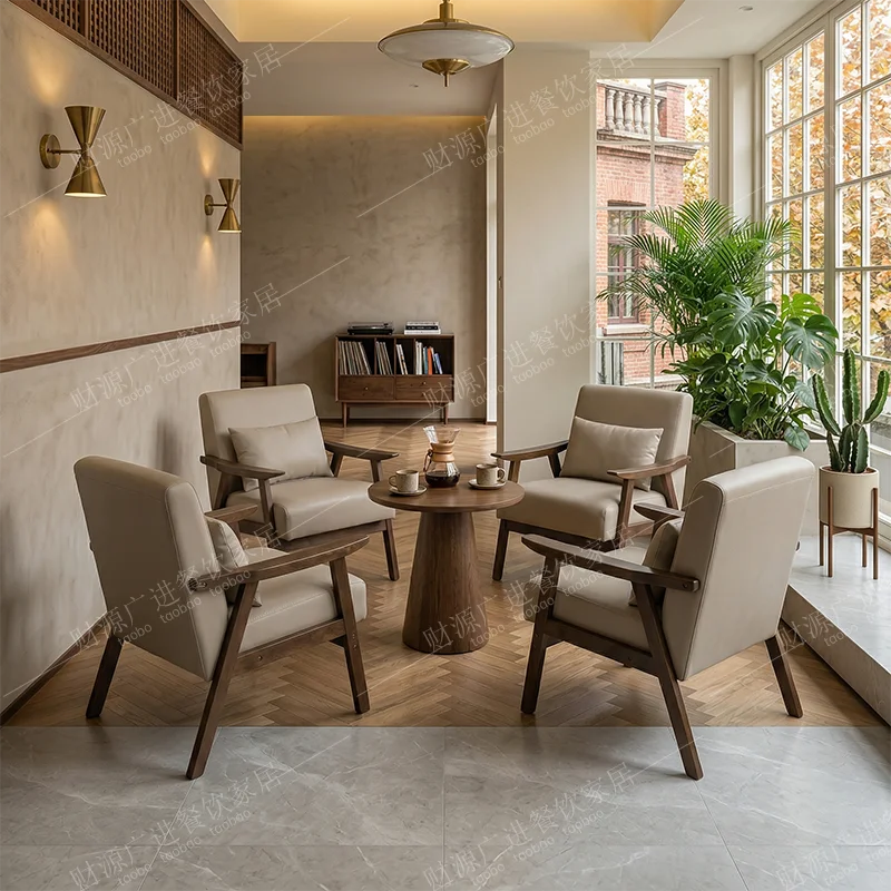 PYH retro cafe solid wood table and chair combination shop gallery homestay leisure sofa bar booth negotiation