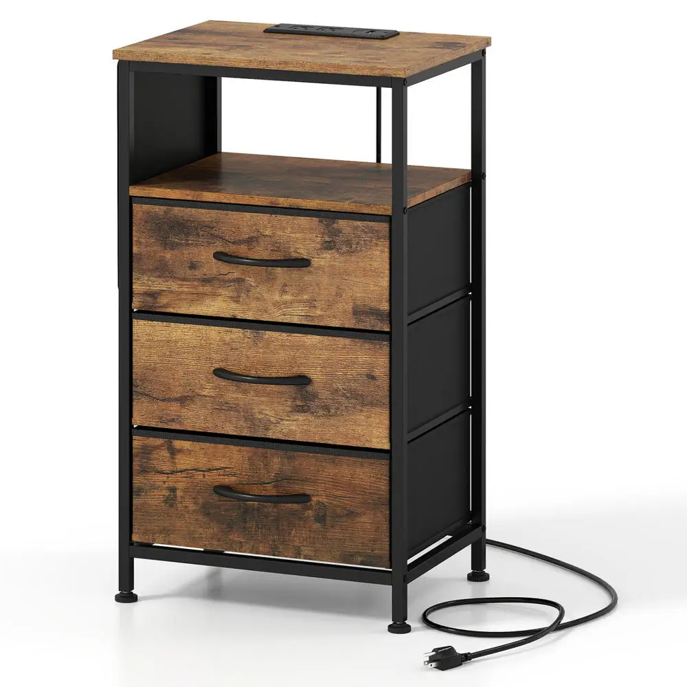 Nightstand With Charging Station 27.5 Inch Modern Bedside Table With 3 Fabric Drawers-Rustic Brown