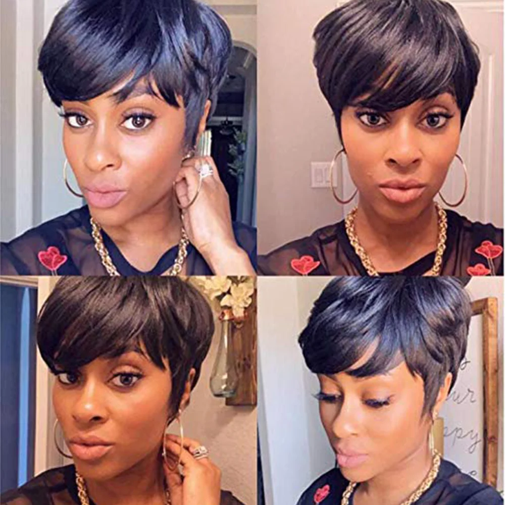 Natural Color Full Machine Made Wig For Women Brazilian Remy Human Hair Wig Pre Plucked Short Pixie Cut Bob Wig With Bangs