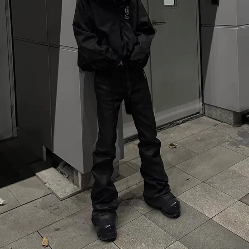 Y2k Streetwear woskowane skórzane dżinsy ze streczem dla mężczyzn i kobiet Ropa Hombre luźne spodnie Flare ponadgabarytowe proste spodnie dżinsowe