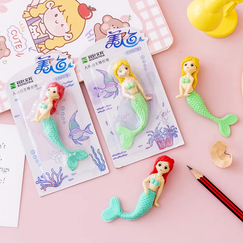 cute mermaid princess eraser para meninas lapis de desenhos animados kawaii borracha montada papelaria infantil office school supplies pcs set 01