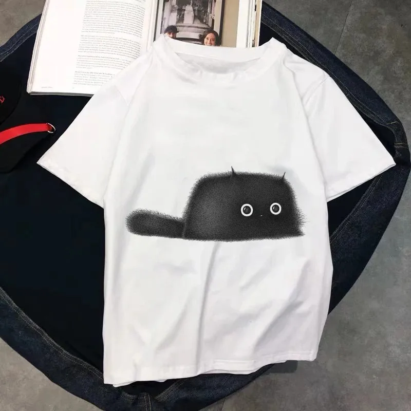 Cartoon Cat Streetwear Fashion Girls T-Shirts Harajuku Kawaii White Clothes Short Sleeve Summer Tees Casual Female O-Neck Tops