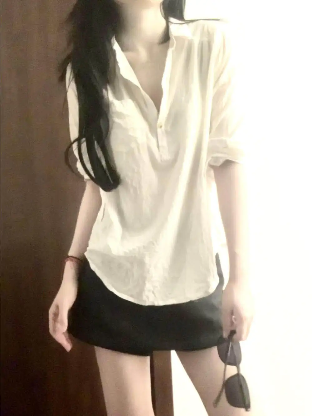 

White V-Neck Loose Women's Shirt Korean Style Summer Commute Casual Breathable Slimming Fashionable Versatile Five-Quarter Sl...