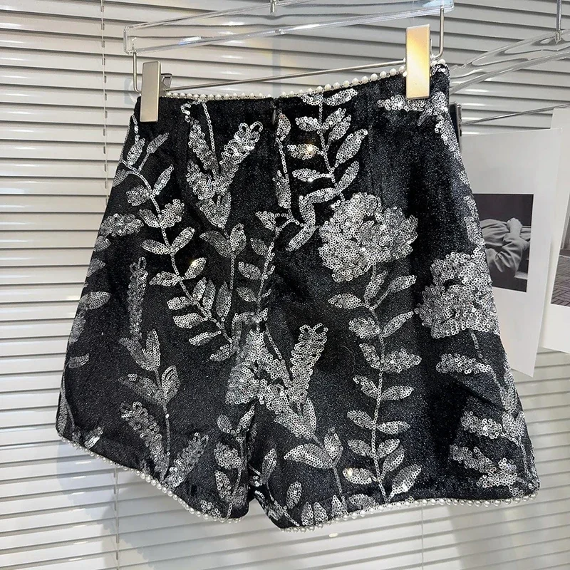 2025 겨울 신상품 화려한 진주 꽃 자수 벨벳 진주 테두리 3 파티 반바지 부츠와 여성용 바지