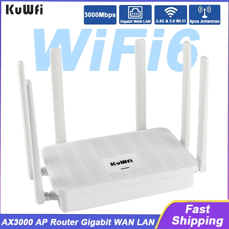 

KuWFi AX3000 AP Router 3000Mbps 2.4G 5G Dual Band Wifi Router with Gigabit WAN LAN Port 6pcs External Antennas for 128 Users VPN