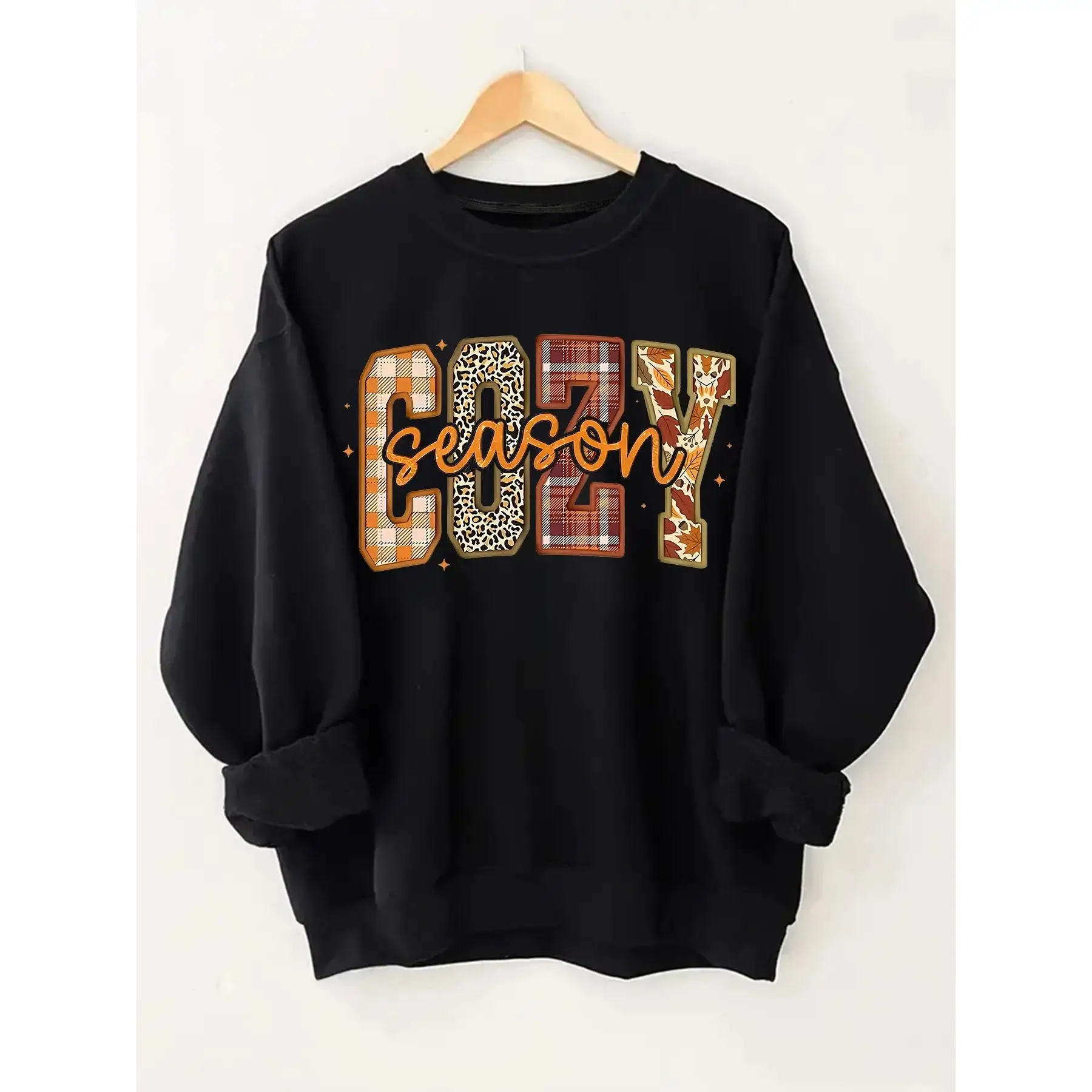 

Fall "Cozy Season" Graphic Sweatshirt, Women's Leopard Plaid Print Crewneck Jumper, Autumn Thanksgiving Pullover Top
