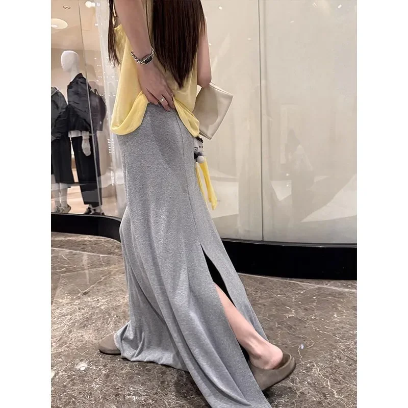 Women's Light Gray High Waist Maxi Skirt Side Split Flowy Casual Office Elegant Long Skirt