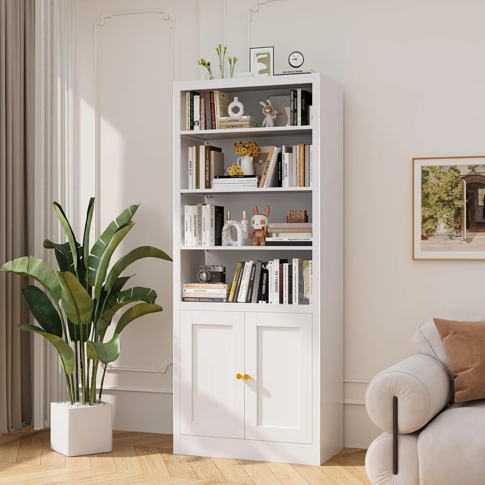 

White Bookcase, Library Office Book Shelf with Adjustable Shelves, Tall Bookcase with Doors for Bedroom Living Room Kitchen. Met