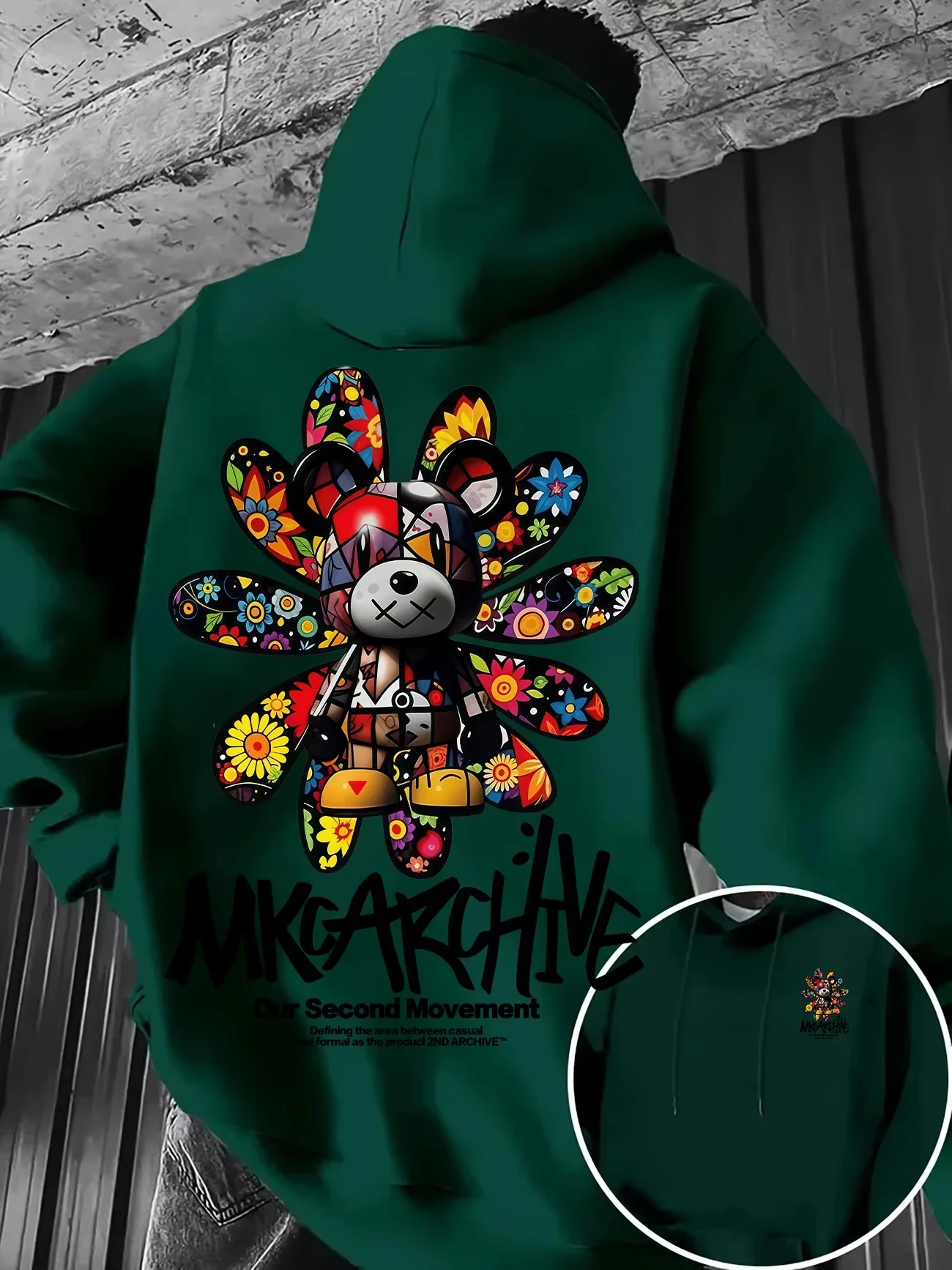 Herren-Freizeit-Sweatshirt mit Kapuze, bunter Pullover mit Blumen- und Bären-Graffiti-Print, warmes, lockeres Streetwear-Oberteil für Herbst und Winter, ideal für den Außenbereich. – Detail 10