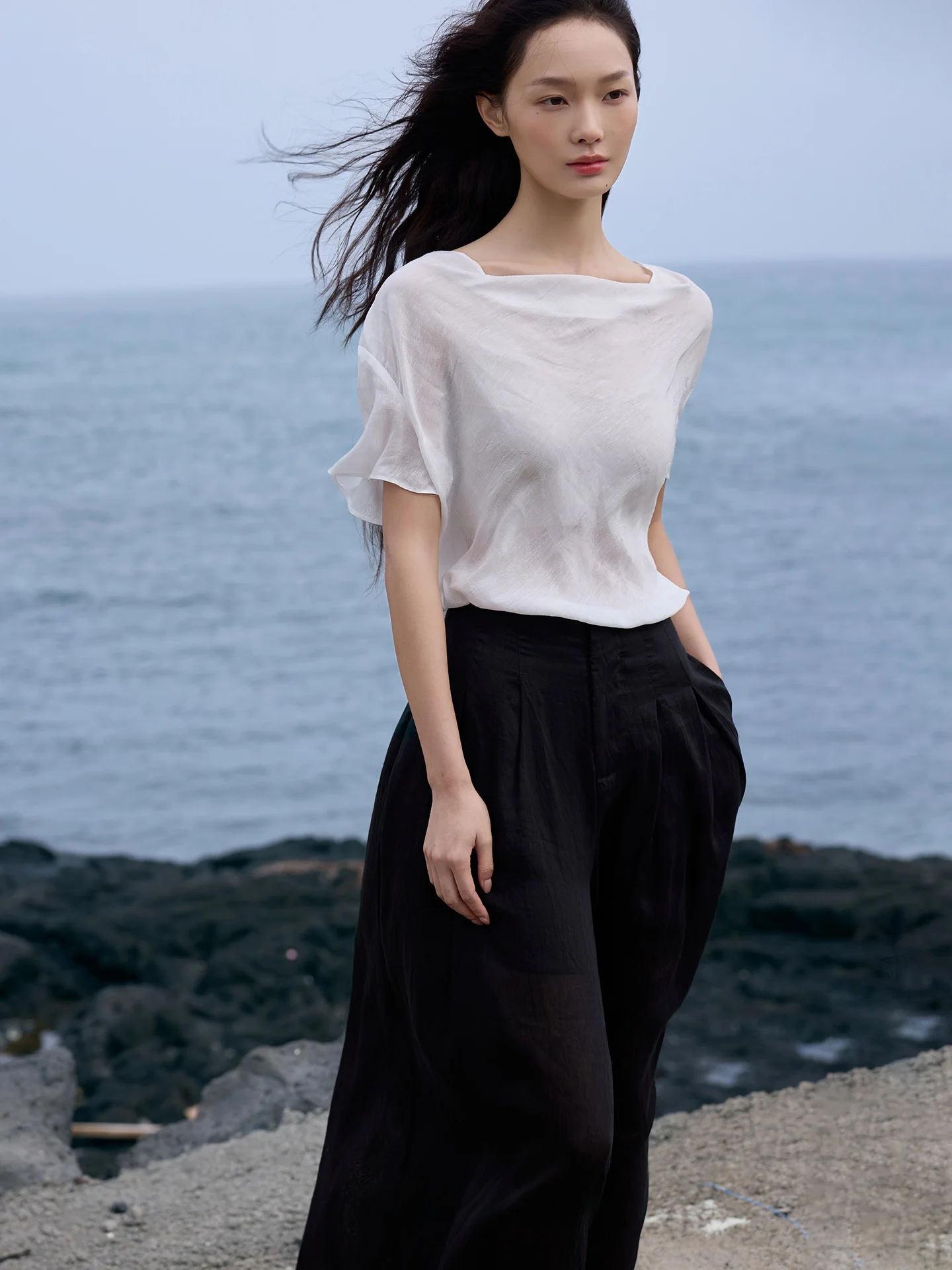 

Romantic Neline Silk And Linen Blend Slim Fit irt Cool Sensation ort Sve Women's Busin Casual Faion Summer Top