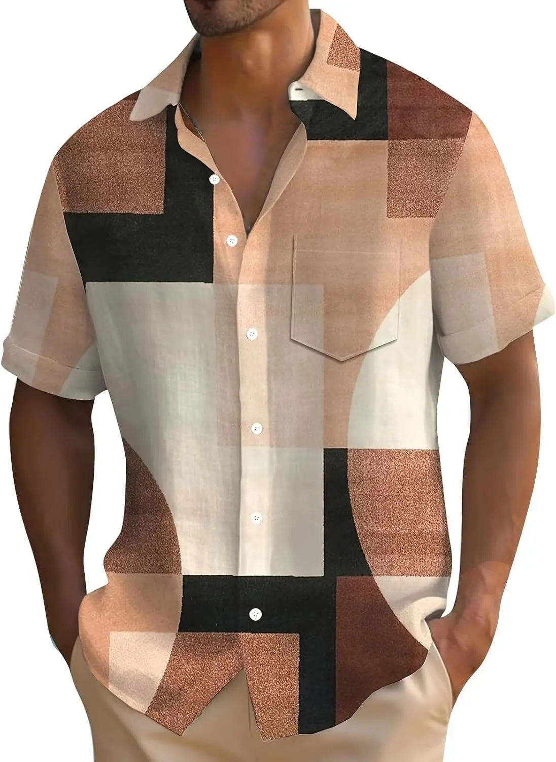 تي شيرت رياضي من OverDose Boutique للرجال كاجوال مرقع مطبوع بأكمام قصيرة وأزرار لأعلى للرجال